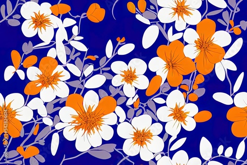 violet orange and mustered 2d illustrated flowers bunches with grey leaves pattern on blue background