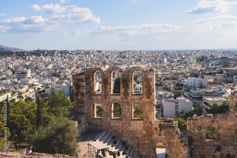 Fototapeta premium Athens, Attica, beautiful super-wide angle view of Athens city, Greece, Mount Lycabettus, mountains and scenery beyond the city, seen from The Parthenon, temple on the Athenian Acropolis