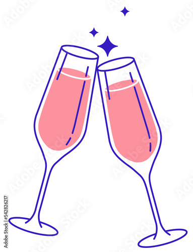 two pink rose wine glasses toast with spark - red rose wine glass icon illustration on transparent background - png cheers alcoholic festive bubbly drink clipart - romantic valentine's day 