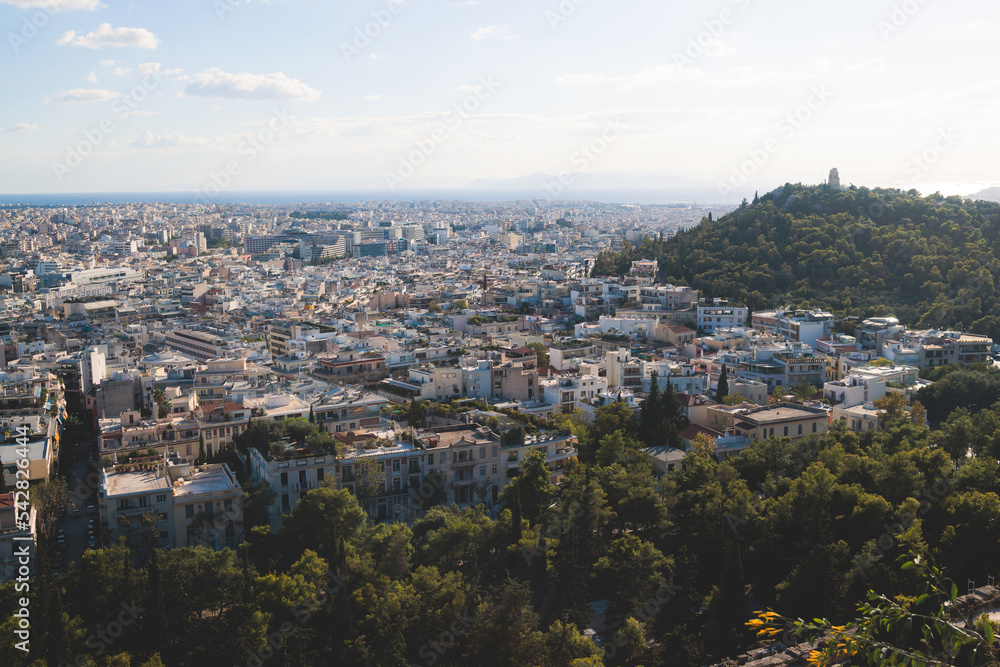 Athens, Attica, beautiful super-wide angle view of Athens city, Greece, Mount Lycabettus, mountains and scenery beyond the city, seen from The Parthenon, temple on the Athenian Acropolis
