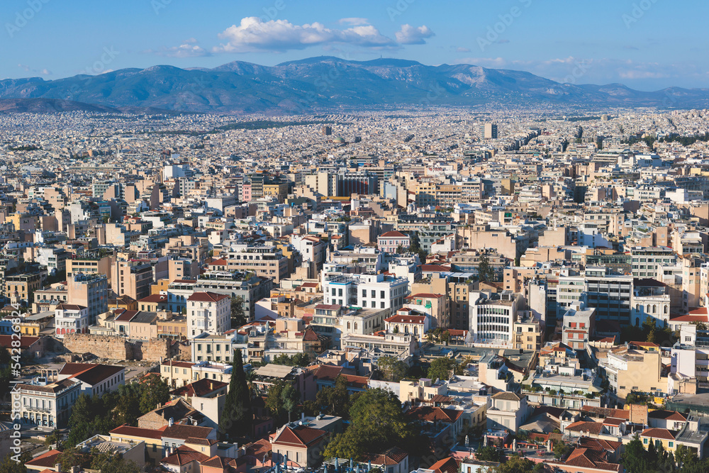 Athens, Attica, beautiful super-wide angle view of Athens city, Greece, Mount Lycabettus, mountains and scenery beyond the city, seen from The Parthenon, temple on the Athenian Acropolis