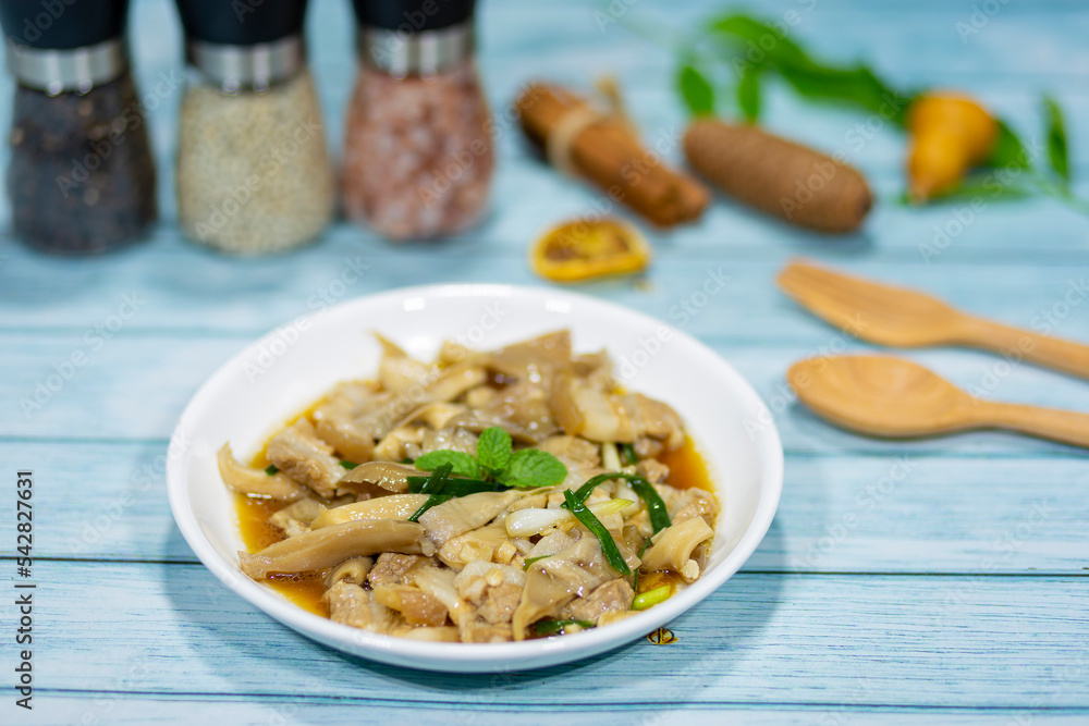 Dinner is pork belly stir-fried with mushrooms and chinese style soy sauce. Dinner is pork belly stir-fried with mushrooms and chinese style soy sauce.