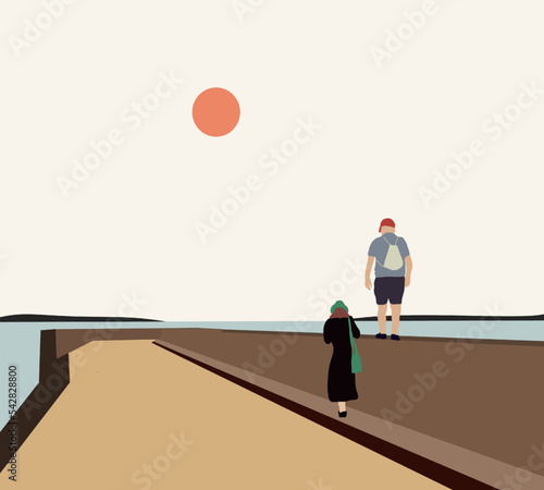 Man and woman walk along pier enjoying beautiful tropical sea view during sunset time. Travel destination on holiday vacation.