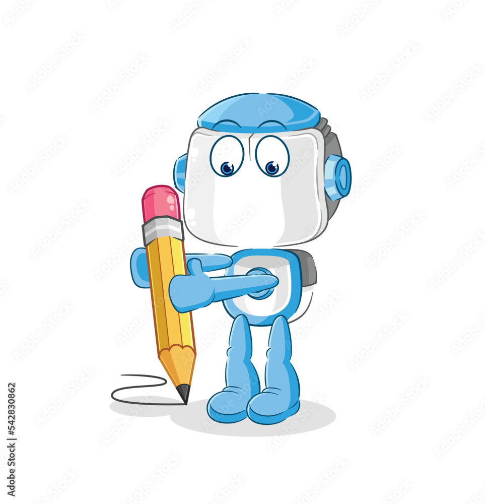 humanoid robot write with pencil. cartoon mascot vector humanoid robot write with pencil. cartoon mascot vector