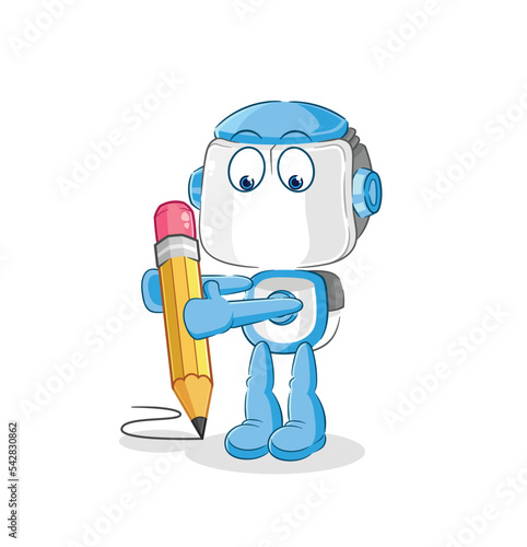 humanoid robot write with pencil. cartoon mascot vector
