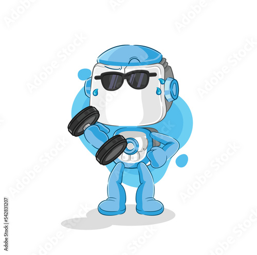 humanoid robot lifting dumbbell vector. cartoon character