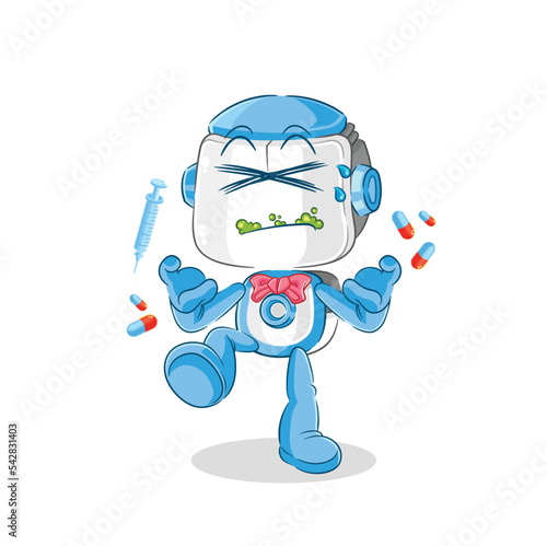 humanoid robot drug overdose. cartoon illustration