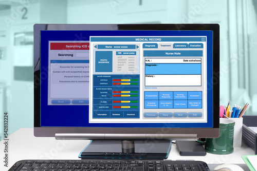 Medical record showing on computer monitor screen.