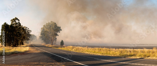 Panoramic image showing bush fire smoke blowing over a country highway in rural farming Victoria, black burnt paddocks beside the road, Australia.