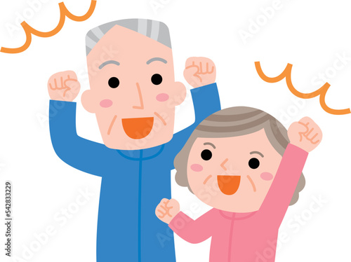 ジャージでガッツポーズをする元気なおじいさんとおばあさん