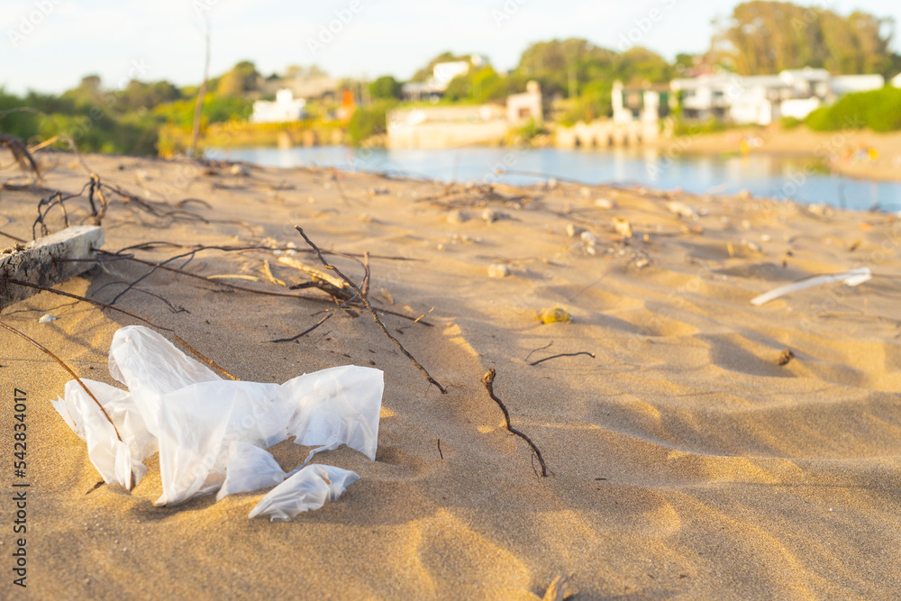 beach with garbage contamination, plastics, bags and cigarette butts damaging the ecosystem and marine life beach with garbage contamination, plastics, bags and cigarette butts damaging the ecosystem and marine life