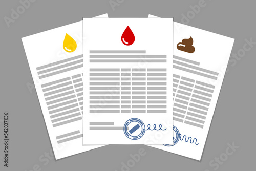 Medical forms with laboratory blood, urine and feces tests results