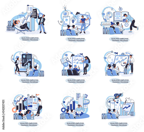Qualified employee training program. Refresher course metaphor. Help in professional development. Learning for software development and growth. Agile project management team project life scrum meeting