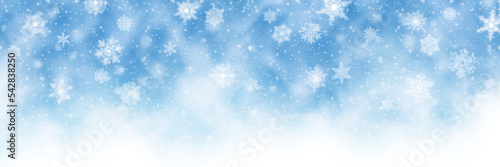 Winter sky, blizzard and snowfall, snowflakes, panoramic view