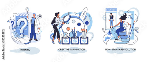 Creative thinking. People with different mental mindset types or model creative. Imaginative logical and structural thinking. MBTI person metaphor. Non standart solution. Brain think people solve idea