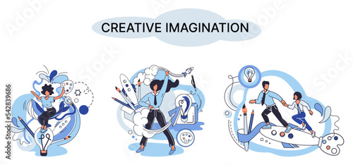 Creative mind, imagination or brainstorm or originative idea concept. Creative imagination. Phantasy space and creativity. Phantasy flow and creativity metaphor, fantasies in mind. Vision development