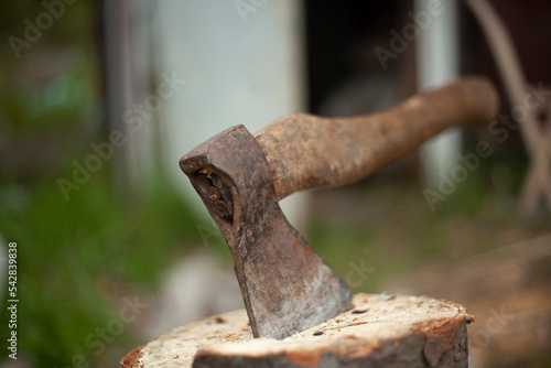 Axe in log. Axe for chopping firewood. Garden tool.