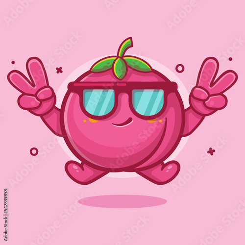 cool peach fruit character mascot with peace sign hand gesture isolated cartoon in flat style design