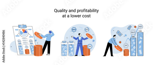 Quality and profitability at lower cost. Salary increase metaphor, profit margin. Earn on business inflation, investment, developing, coordinating sales. Management optimization of business processes