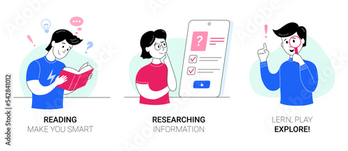 Reading, researching information, learn, play, explore concept. Cute school children reading books, researching information. School education and learning cartoon thin line vector illustration