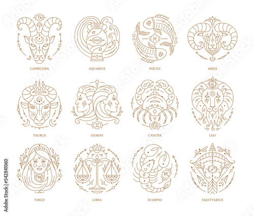 Set of zodiac astrology horoscope signs thin line. Capricorn, Aquarius, Pisces, Aries, Taurus, Gemini symbols of esoteric, zodiacal astrological calendar, horoscope constellation vector illustration
