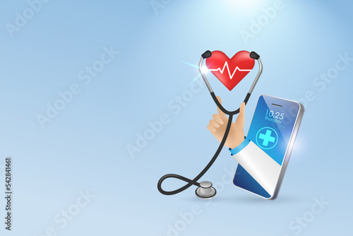 Online doctor, virtual hospital and consultation. Doctor hand hold stethoscope from smartphone diagnose patient heart in remote location. Medical and healthcare innovation technology.