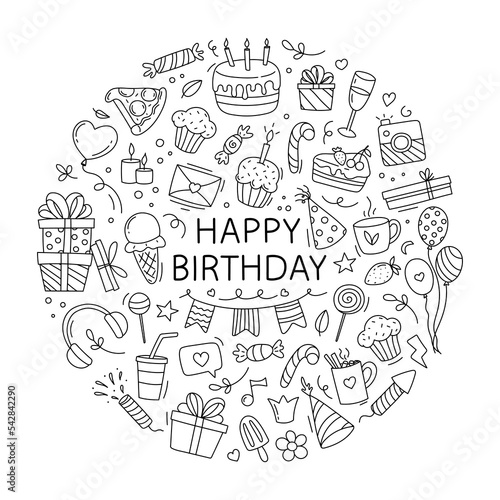 Happy birthday doodle set. Hand drawn vector illustration isolated on white background.