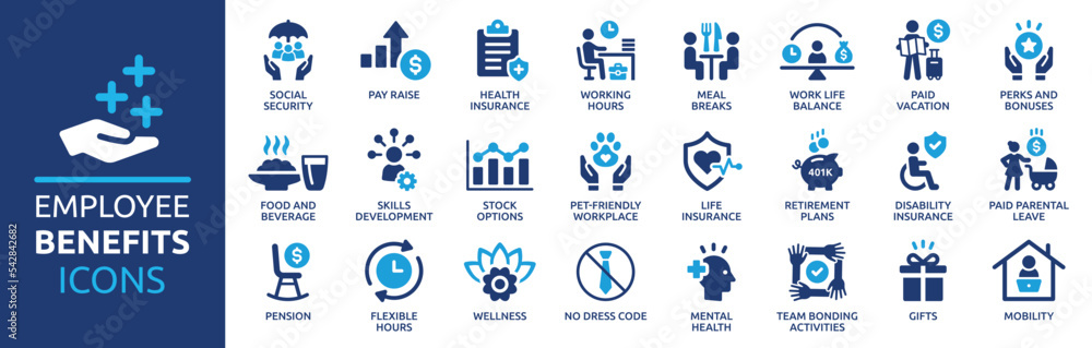 Employee benefits icon set. Containing social security, pay raise, health and life insurance, paid vacation, bonus and more icons. Solid icon collection. - obrazy, fototapety, plakaty 