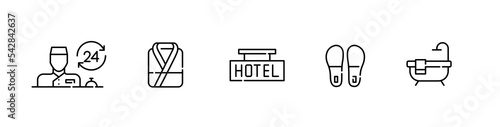 5 hotel icons. 24 hour reception, bathing suit, hotel sign, slippers and bath tub. Pixel perfect, editable stroke