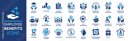 Employee benefits icon set. Containing social security, pay raise, health and life insurance, paid vacation, bonus and more icons. Solid icon collection. photo