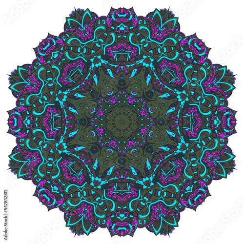 Mandala. Tracery wheel image. Mehndi design. Dark toxic colors. Ethnic doodle art. Curved doodling picture. Vector