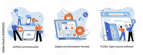 Word cloud of software related items. Digital communication formats, floss, open source software. Unified conversation modern technology. Ways interaction with gadgets, messages and email. E-learning