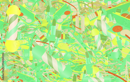 Background pattern abstract seamless design texture. Theme is about irregular, cosmetics, striped fabric, nail polish, scissors, hairdressing, wavy, pomade, cosmetology, confetti, toiletry