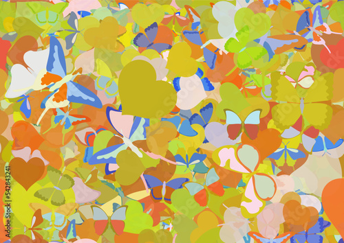 Background pattern abstract seamless design texture. Theme is about nature, hearts, decoration, repeat, Red Admiral, Monarch, love, delicate, wildlife, drawing, silhouette, tropical, exotic