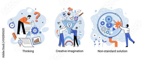 Creative thinking. People with different mental mindset types or model creative. Imaginative logical and structural thinking. MBTI person metaphor. Non standart solution. Brain think people solve idea