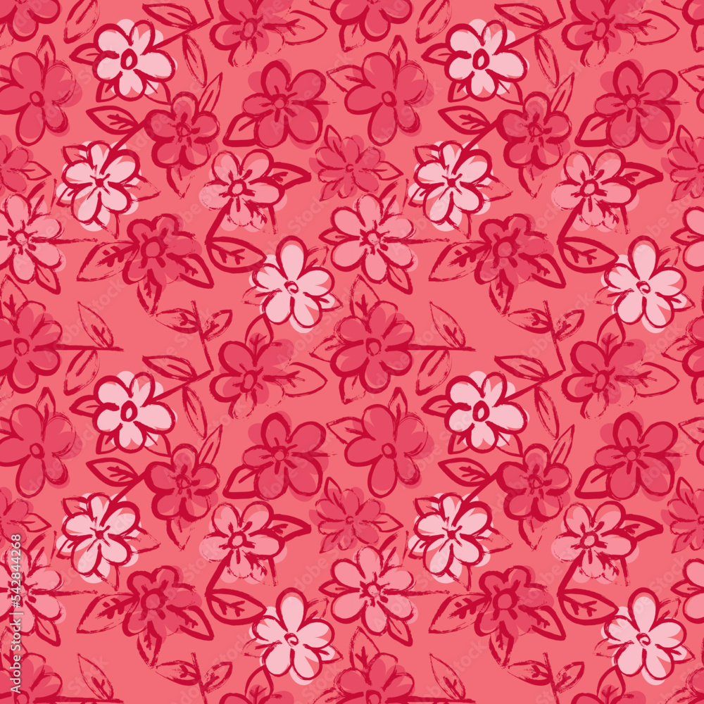 Pink Grunge Flower Seamless Pattern. Hand Drawn Artwork Background.
