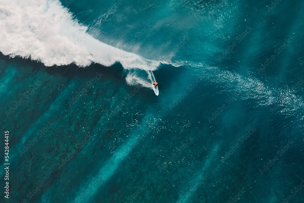 Aerial view with surfing on wave. Perfect waves with surfers in ocean - obrazy, fototapety, plakaty 