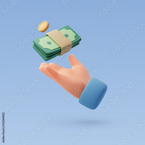 3d human hand receive coin and notes money, earnings income and finance concept.