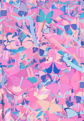 Background pattern abstract seamless design texture. Theme is about , cosmetology, spring, wing, comb, various, toiletry, tones, makeup, exotic, brush, Pipevine, Monarch, shaving, ointment