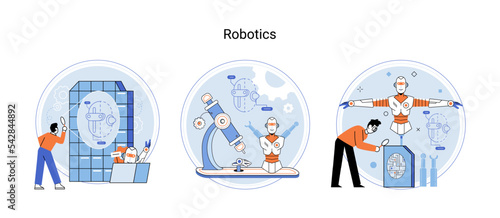 Robotics scientific and technical, metaphor production and application of robots. Programmable mechanical device building robot in lab. Robotic arm industrial smart manufacture. Cyber-physical systems