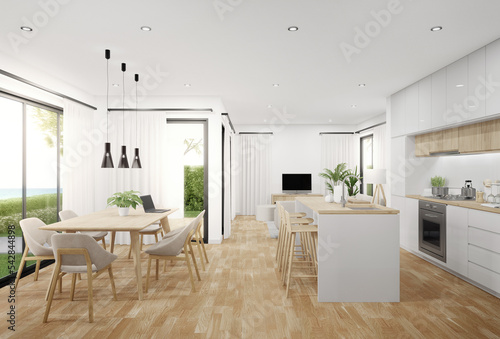 Table on parquet floor of bright dining room near living room and kitchen in modern beach house or luxury villa. White home interior 3d rendering with sea view.