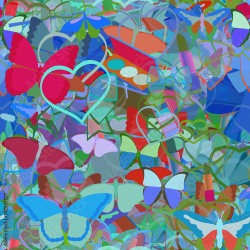 Background pattern abstract seamless design texture. Theme is about Butterfly, hearts, spring, ornate, gorgeous, various, pomade, cosmetology, beauty, powder, design, repeat, tropical, Monarch