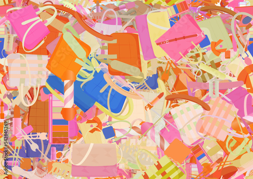 Background pattern abstract seamless design texture. Theme is about satchel, salon, Barber pole, lady, makeup, barrette, parlor, claw, Tote, small, personal, everyday, tones, powder, razor blade