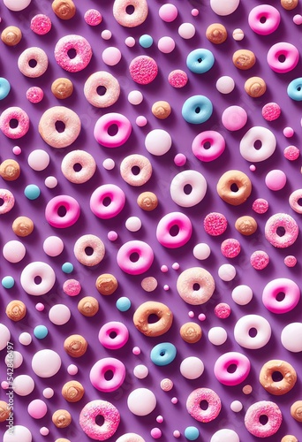 Cartoon donuts with pink glaze and colored sprinkles on white background. Seamless pattern. Texture for fabric, wrapping, wallpaper. Decorative print. photo