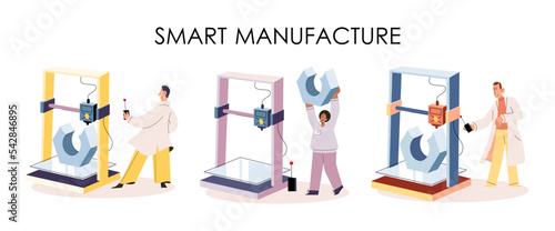 Manufacturing process industry. Scientist robot assembling products. Smart manufacture, automation development metaphor. Smart industry product design, automated production, robots and machinery 4.0