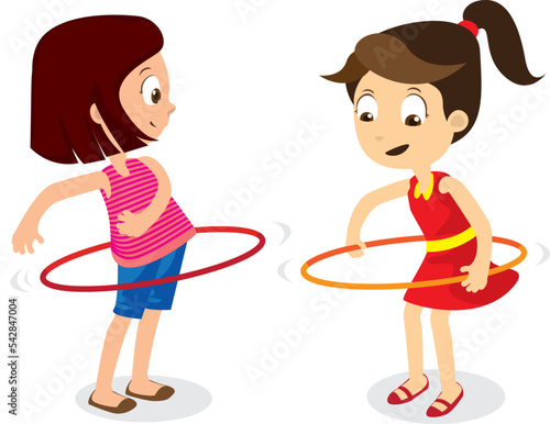 Two cute girls playing hula hoop together