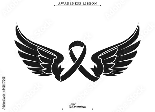 Black awareness ribbon with angel wings on white background. Mourning sign icons. illustration of vector graphic of ribbon as symbol. Vector eps 10
