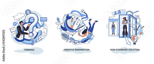 Creative thinking. People with different mental mindset types or model creative. Imaginative logical and structural thinking. MBTI person metaphor. Non standart solution. Brain think people solve idea
