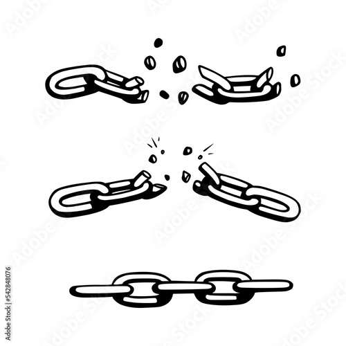 Broken chain with shatters as symbol of strength and freedom. Sketch of metal chains. Vector illustration isolated in white background