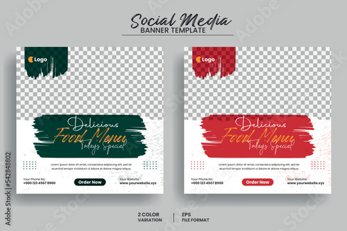Food menu and restaurant social media post banner template and Instagram square banner layout with brush background